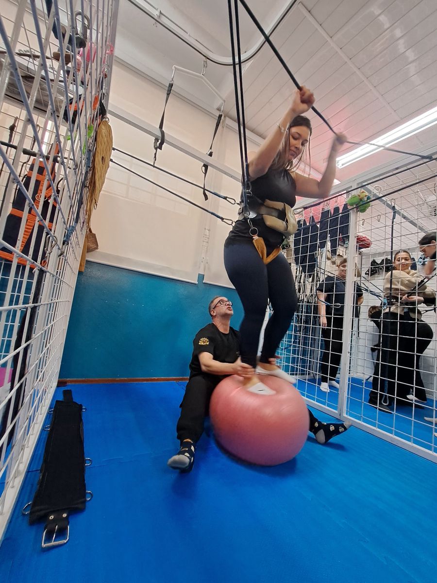 Equilíbrio na bola com apoio na gaiola